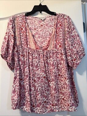 Lucky Brand Pink Floral Boho Peasant Top